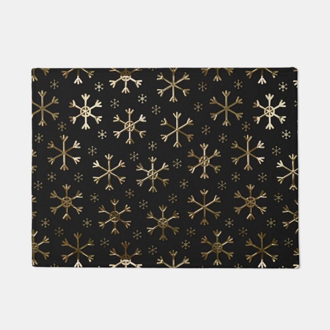 Holiday Black & Gold Metal Christmas Snowflakes Doormat (Front)