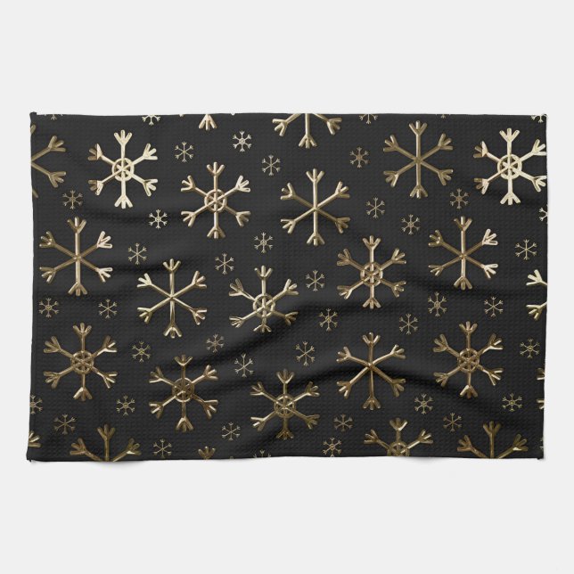 Holiday Black & Gold Metal Christmas Snowflakes Tea Towel (Horizontal)