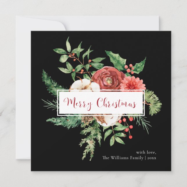 Holiday Black Watercolor Botanical Merry Christmas (Front)