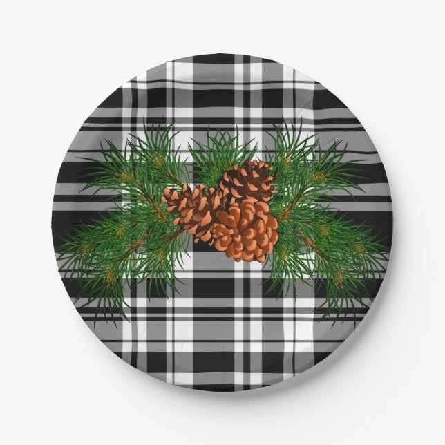 Holiday Black White Plaid with Pine cone detail Paper Plate (Front)