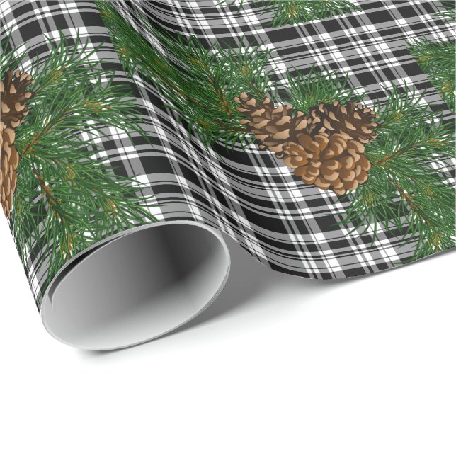 Holiday Black White Plaid with Pine cone detail Wrapping Paper (Roll Corner)