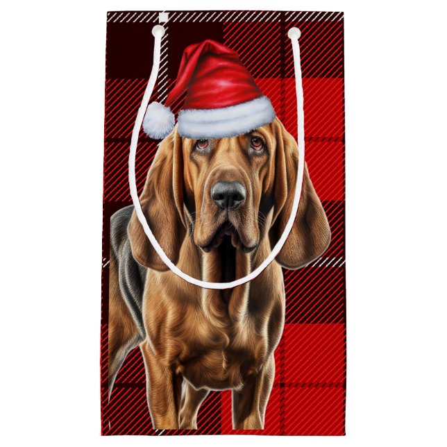 Holiday Bloodhound and Festive Plaid Christmas Small Gift Bag (Front)