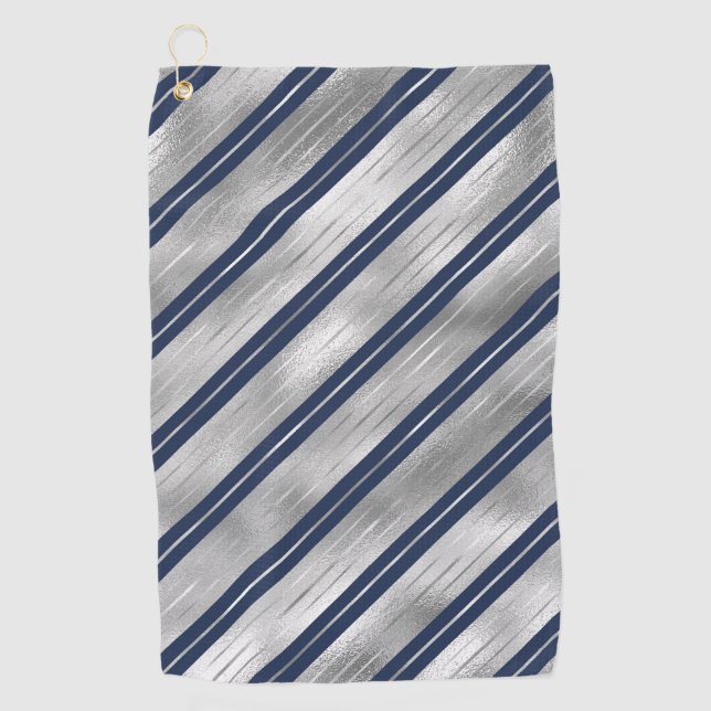 Holiday Blue and Silver Foil Christmas Stripes Golf Towel (Front)