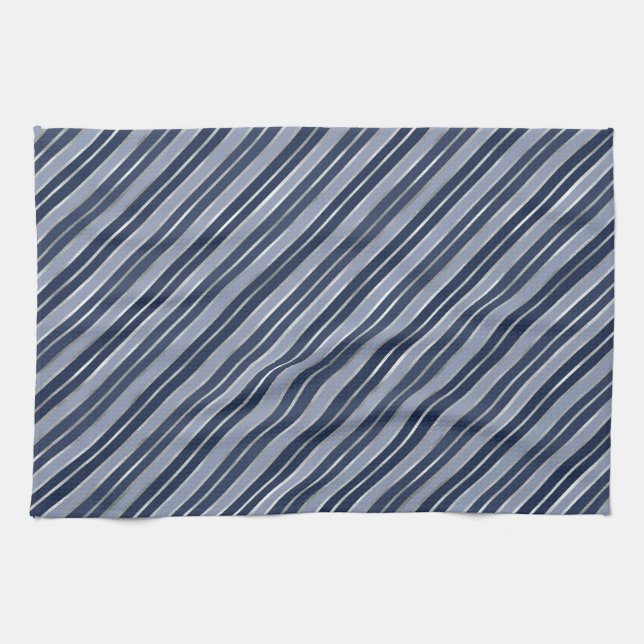 Holiday Blue and Silver Foil Christmas Stripes Tea Towel (Horizontal)