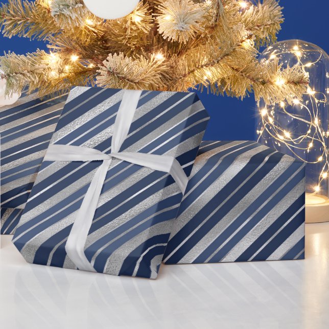 Holiday Blue and Silver Foil Christmas Stripes Wrapping Paper (Holidays)