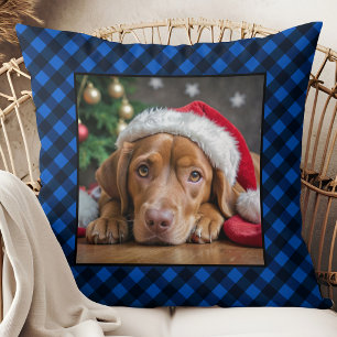 Holiday Blue Plaid Pet Dog Personalised Photo Cushion