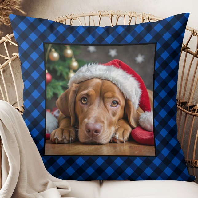Holiday Blue Plaid Pet Dog Personalised Photo Cushion (Creator Uploaded)