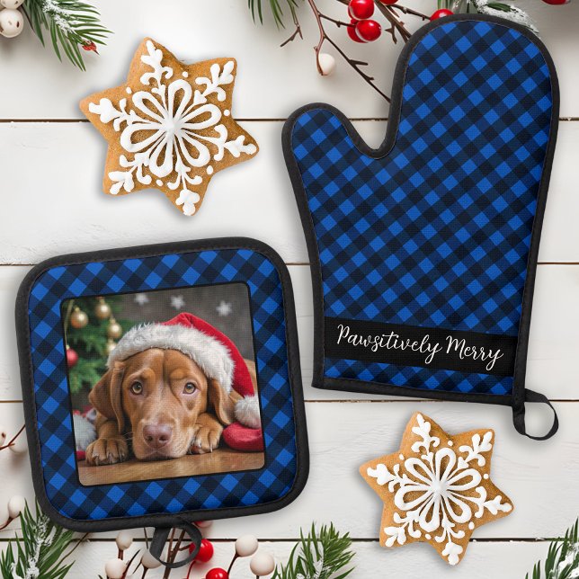 Holiday Blue Plaid Pet Dog Personalised Photo Oven Mitt & Pot Holder Set (Creator Uploaded)