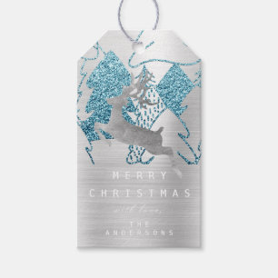Holiday Blue Silver Christmas Metall Reindeer Tree Gift Tags