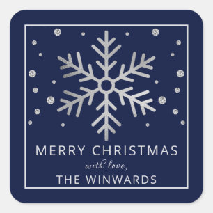 Holiday Blue & Silver Foil Christmas Snowflake Square Sticker