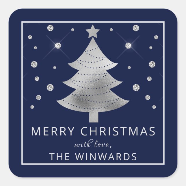Holiday Blue & Silver Foil Christmas Tree Square Sticker (Front)