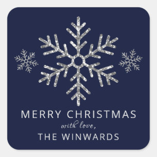 Holiday Blue & Silver Glitter Christmas Snowflake Square Sticker