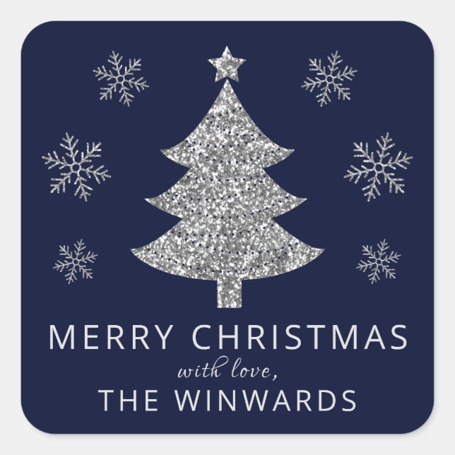Holiday Blue & Silver Glitter Christmas Tree Square Sticker (Front)