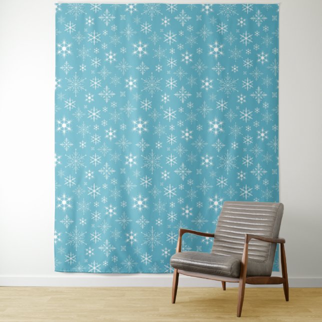 Holiday Blue Snowflake Pattern Wall Tapestry (In Situ)