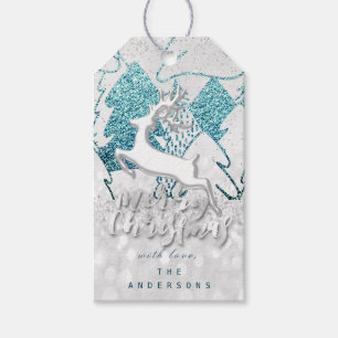 Holiday Blue Spark Hearts Christmas Reindeer Grey Gift Tags