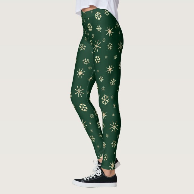 Holiday bold modern gold snowflake pattern green leggings (Left)