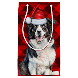 Holiday Border Collie Red Buffalo Plaid Christmas Small Gift Bag