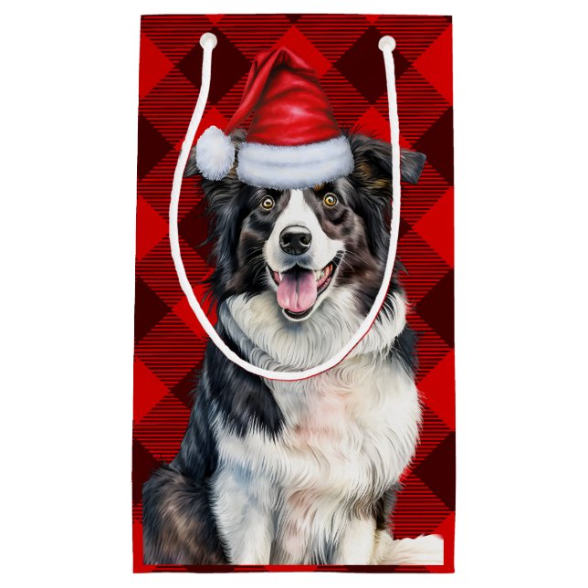 Holiday Border Collie Red Buffalo Plaid Christmas Small Gift Bag (Front)