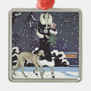 Holiday Borzoi Lady In Snow Metal Tree Decoration