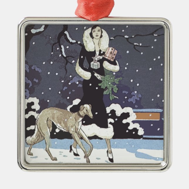 Holiday Borzoi Lady In Snow Metal Tree Decoration (Front)