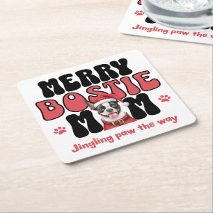 Holiday Boston Terrier Dog Mom Square Paper Coaster