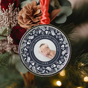 Holiday Botanical   Baby's First Christmas Photo Metal Tree Decoration