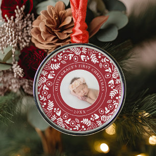 Holiday Botanical   Baby's First Christmas Photo Metal Tree Decoration