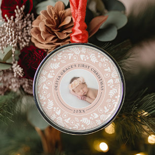 Holiday Botanical Baby's First Christmas Photo Metal Tree Decoration