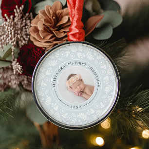 Holiday Botanical   Baby's First Christmas Photo Metal Tree Decoration
