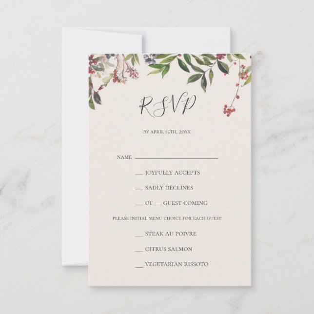 Holiday Botanical Champagne Menu Choice RSVP Card (Front)