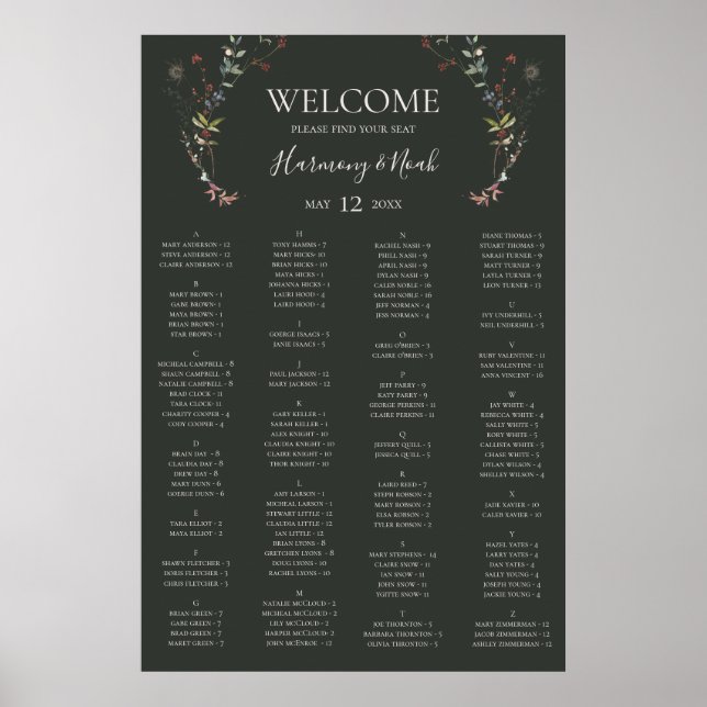 Holiday Botanical Green Alphabetical Seating Chart (Front)