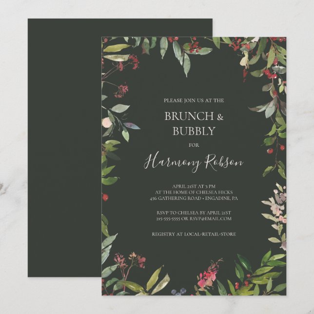 Holiday Botanical Green Brunch and Bubbly Shower Invitation (Front/Back)