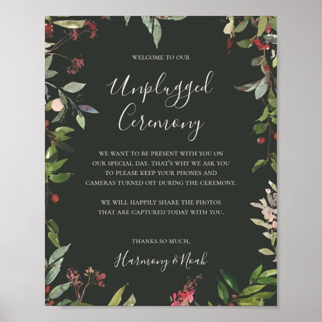 Holiday Botanical Green Unplugged Ceremony Poster (Front)