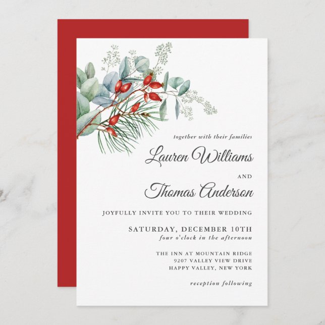 Holiday Botanical Greenery and Berries Wedding Invitation (Front/Back)