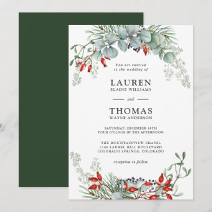 Holiday Botanical Greenery and Berries Wedding Invitation