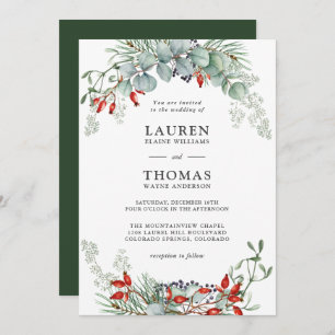 Holiday Botanical Greenery and Berries Wedding Invitation