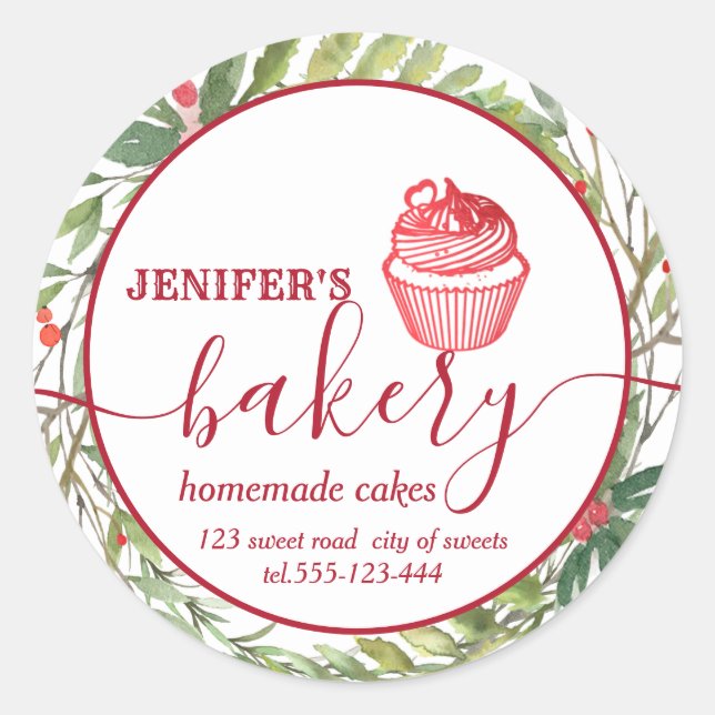 Holiday botanical holly berry cupcake chef bakery classic round sticker (Front)