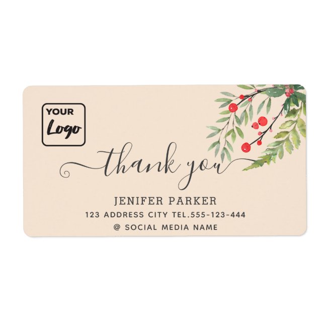 Holiday botanical holly  custom logo thank you (Front)