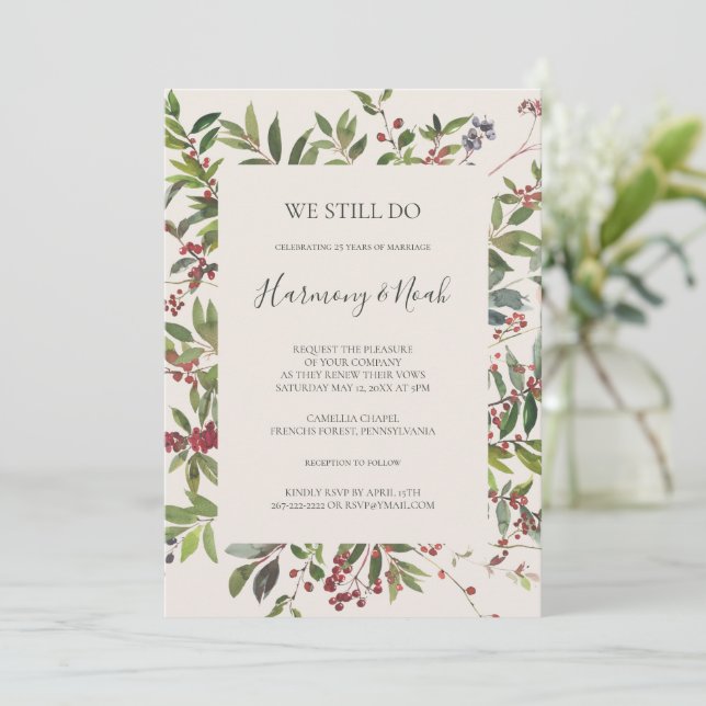 Holiday Botanical Ivory We Still Do Vow Renewal Invitation (Standing Front)