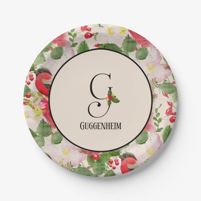 Holiday Botanical Pattern Monogram Initial G Paper Plate (Front)