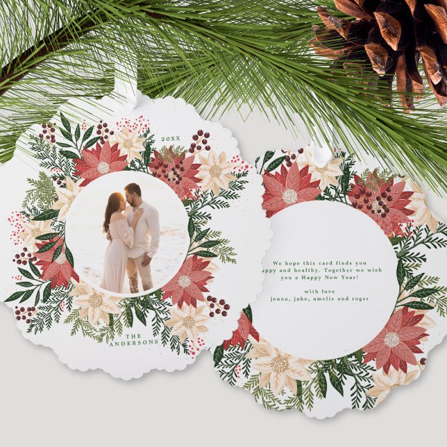 Holiday Botanical Poinsettia Photo Christmas Tree Decoration Card (Creator Uploaded)