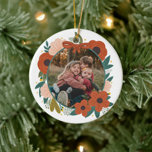 Holiday Botanical Red Flowers Wreath Christmas Ceramic Tree Decoration