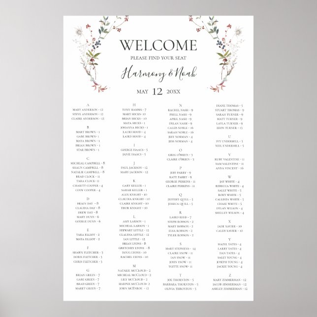 Holiday Botanical White Alphabetical Seating Chart (Front)