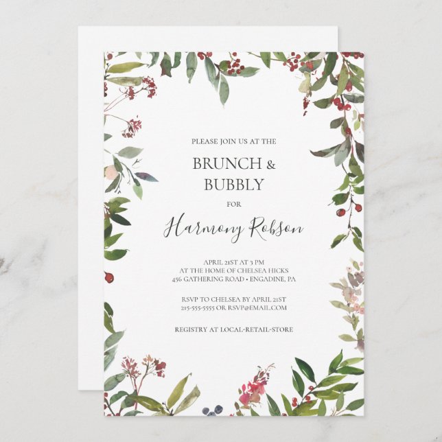 Holiday Botanical White Brunch and Bubbly Shower Invitation (Front/Back)