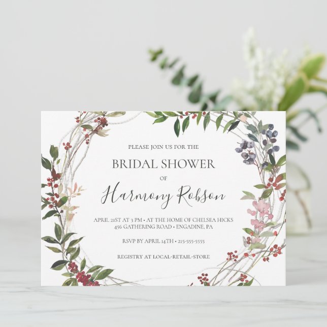 Holiday Botanical | White Horizontal Bridal Shower Invitation (Standing Front)