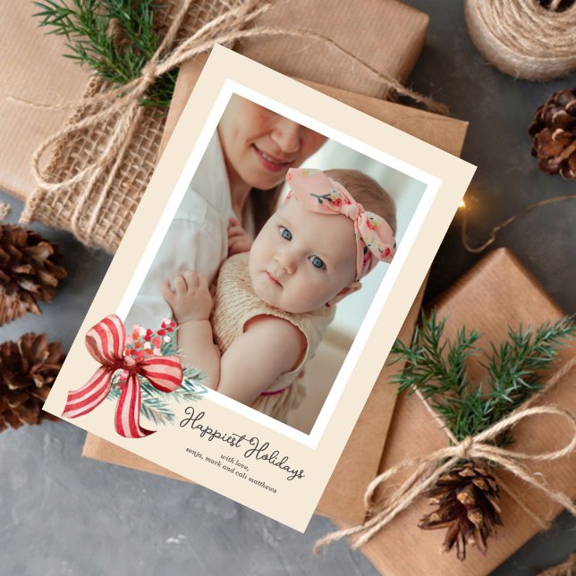 Holiday Bow Photo Holiday Card (Big bow and holiday greens accompany your favorite photo.)