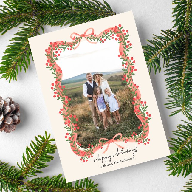 Holiday Bow Wavy Frame Photo Holiday Card (Creator Uploaded)