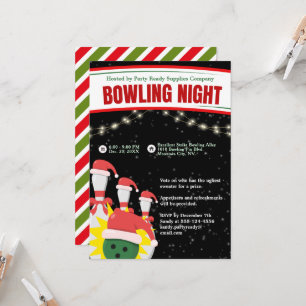 Holiday Bowling Night Santa Hats Black Background Invitation
