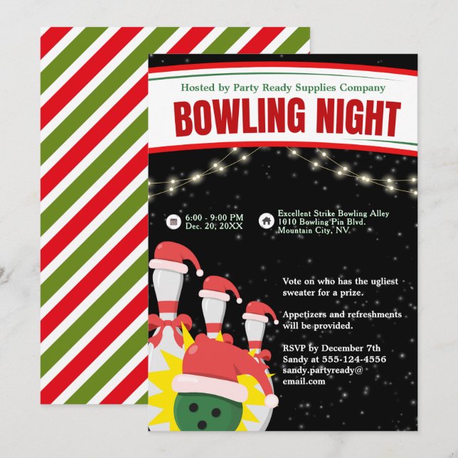 Holiday Bowling Night Santa Hats Black Background Invitation (Front/Back)