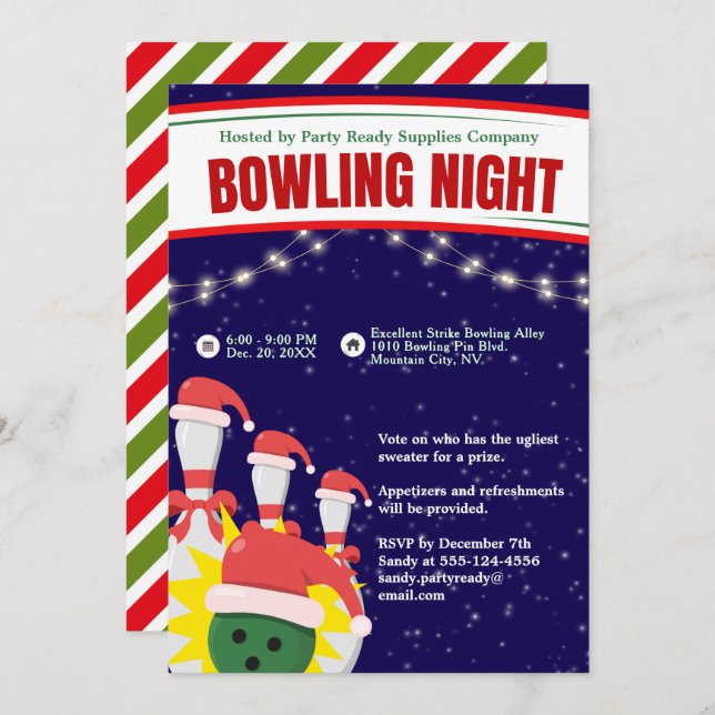 Holiday Bowling Night Santa Hats Blue Background Invitation (Front/Back)